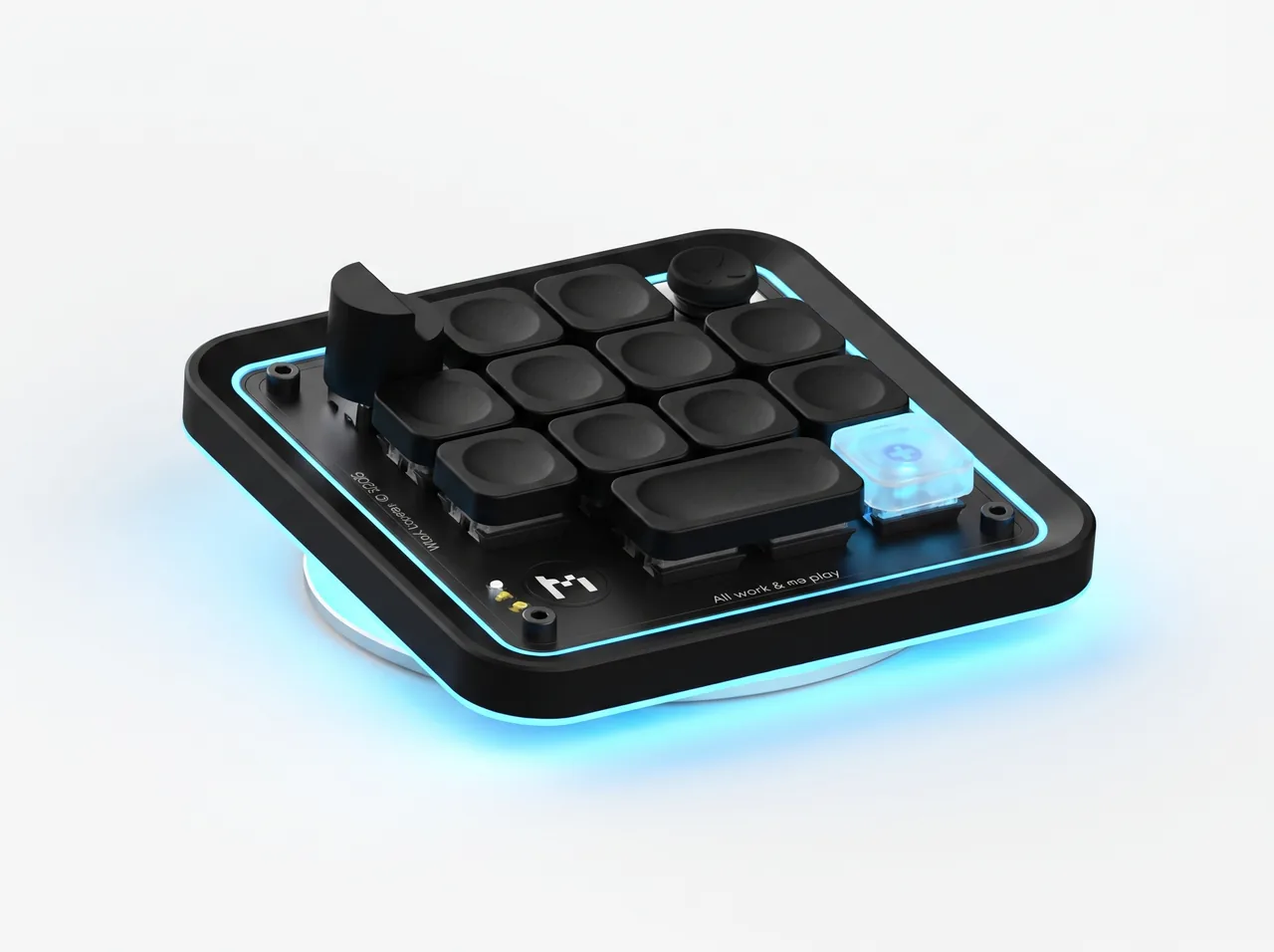 The AuditKeyboard: a matte black desk keypad with a rotary encoder, a joystick, a frosted key and a wide 2U key.